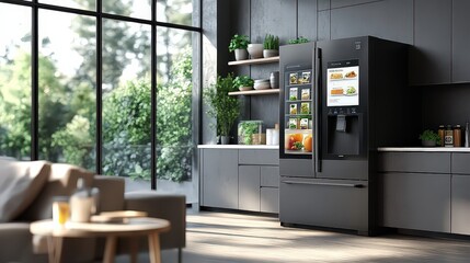  High-tech refrigerator with touchscreen interface in sleek modern kitchen. Surrounded by natural light, plants, and a cozy seating area, blending tech with comfort.
