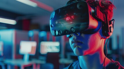 A man wearing a virtual reality headset is looking at a screen