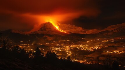 Fototapeta premium Dramatic Volcanic Eruption Illuminating the Night Sky Over a Mountainous Landscape