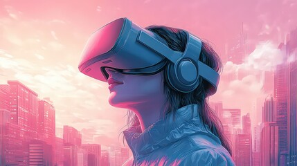  Woman wearing VR headset, immersed in virtual reality with futuristic cityscape background, exploring digital worlds in vibrant colors.