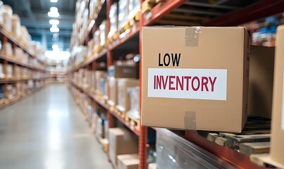A cardboard box labeled "Low Inventory" sits on a shelf in a warehouse.