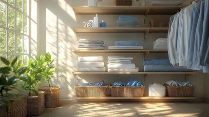  Bright, organized laundry space with neatly folded towels, clothes, and sunlight streaming in, creating a clean, refreshing home atmosphere.