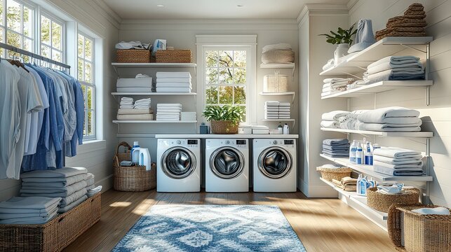  Spacious, organized laundry room with three washing machines, natural light, and shelves filled with towels, showcasing home care efficiency.