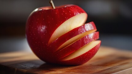 A close-up of a juicy red apple, sliced and arranged on a wooden cutting board,