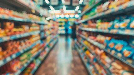 Abstract blurred supermarket aisle with colorful shelves and unrecognizable customers as background