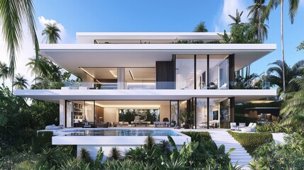 Plakat Modern luxury house with pool and parking offering a sunny day by the azure coastline with palm trees and flowers in a tropical island.