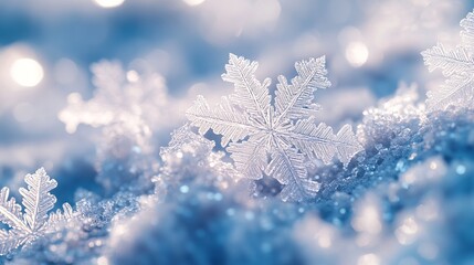 Snowflakes with sharp, angular designs, arranged in a precise, repeating pattern on a frosty surface, creating a natural geometric display. 4K hyperrealistic photo.