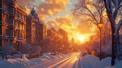 Winter sunset in a city, with snow-covered streets, glowing streetlights, and a warm, golden sky casting light on the buildings. 4K hyperrealistic photo.