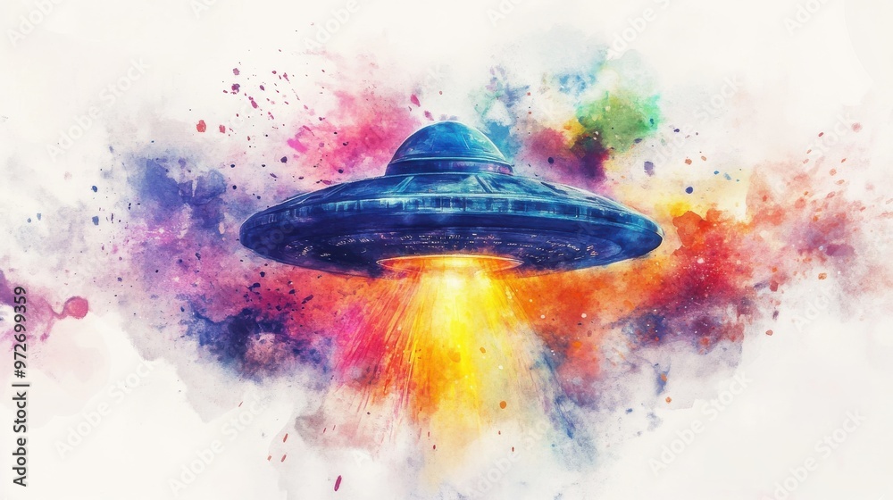 Poster A colorful depiction of a UFO hovering above a vibrant cosmic background with beams of light illuminating the scene
