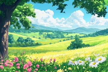 Fototapeta premium Vibrant Anime Landscape Rolling Hills, Colorful Skies, Whimsical Trees