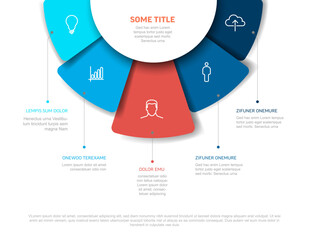 Vector multipurpose Infographic template with five rounded elements on the top, description and icons on fan blue red colored paper with white center. Simple infograph template