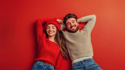 Obraz premium Full body photo of cheerful cute young couple lying floor cheerful enjoy weekend have fun buy new apartment indoors inside house home