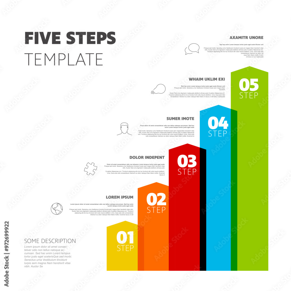 Poster five vertical steps progress procedure infochart template with descriptions icons titles and big num