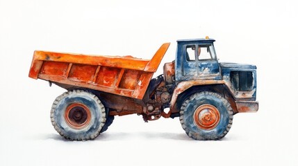 Fototapeta premium Old dump truck with an orange bed parked against a plain background during daylight hours