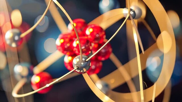 Atomic Structure: A mesmerizing close-up of a stylized atom model, with red protons and neutrons at its core, symbolizing scientific exploration and the building blocks of life. 