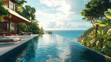 Family relaxing in a luxurious tropical villa with a private infinity pool overlooking the ocean, surrounded by lush greenery. 4K hyperrealistic photo.