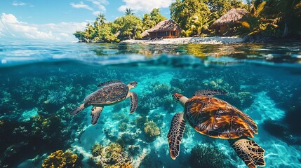 Couple snorkeling with sea turtles in crystal-clear tropical waters, surrounded by colorful coral reefs. 4K hyperrealistic photo.