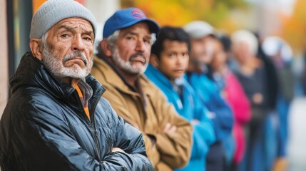 Fototapeta premium A long line of people waiting at a food distribution center, their faces weary and anxious, illustrating the desperation caused by food scarcity