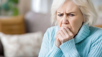 A woman with white hair sitting on a couch holding her mouth, AI