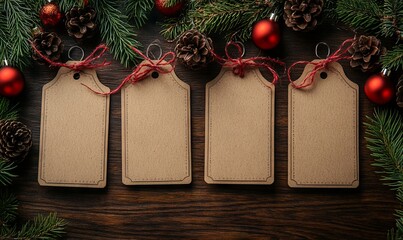 4 Blank Gift Tags on Wooden Table with Christmas Decorations. AI generated illustration