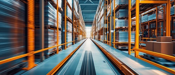 High-tech warehouse with ASRS systems managing inventory sleek machinery gliding through narrow aisles efficient organization metallic reflections