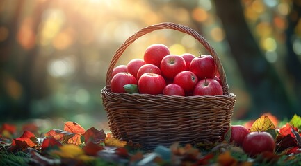 Basket of Red Apples on Grass with Sunlit Trees in a Lush Natural Setting. AI generated illustration