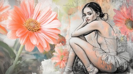 Composite trend artwork sketch image photo collage of spring season outdoor nature young lady ballerina rest hole appear flower gerbera