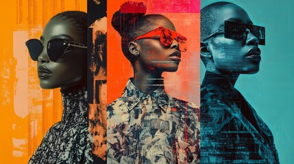 Typography poster design. Posters with four distinct fashion portraits, each overlaid with typography design elements and promotional text
