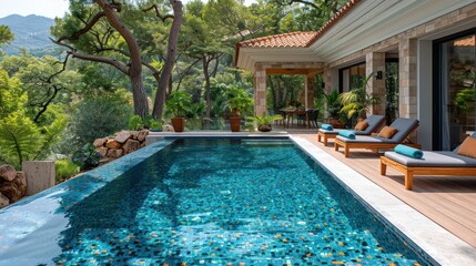Fototapeta premium A tranquil retreat with a stunning poolside view amidst lush greenery on a sunny afternoon. Generative AI