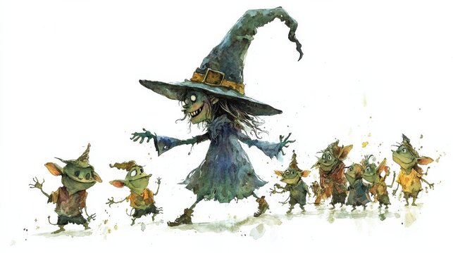 A whimsical witch leads a cheerful gang of goblins through an enchanted forest during a moonlit night