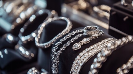 A close-up of silver jewelry on display in a boutique, featuring rings, bracelets, and chains