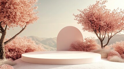 3D podium surrounded by scenic nature minimal design elegant lines gentle colors natural backdrop harmonious composition subtle details