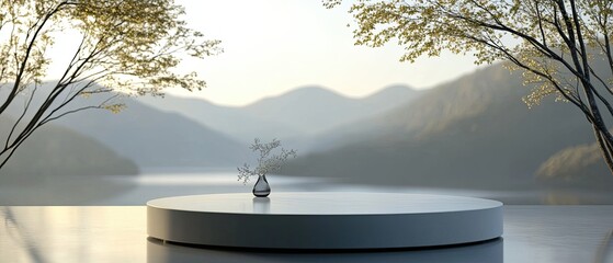 Sophisticated 3D podium in calm nature setting minimal design clean lines soft textures natural light serene atmosphere harmonious look