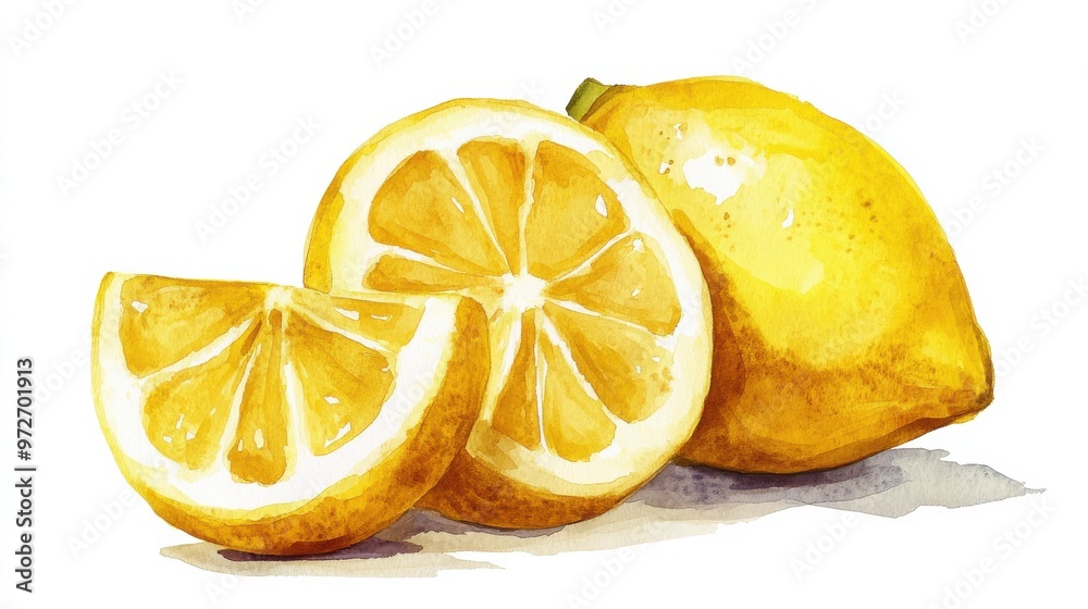Poster freshly cut lemons on a white background showcasing vibrant color and juicy texture with slices arra