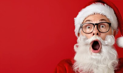Shocked Santa Claus on Red Background with Copy Space