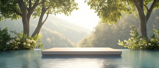 Minimalist 3D podium in a beautiful natural setting clean composition elegant simplicity soft natural tones serene scene
