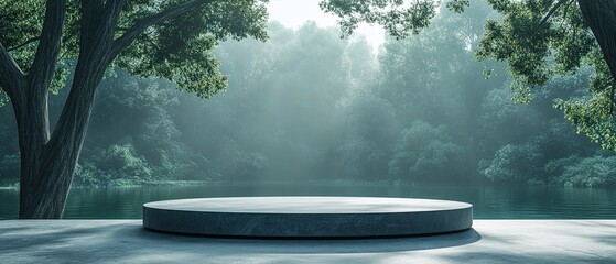 Minimalist 3D podium in a beautiful natural setting clean composition elegant simplicity soft natural tones serene scene
