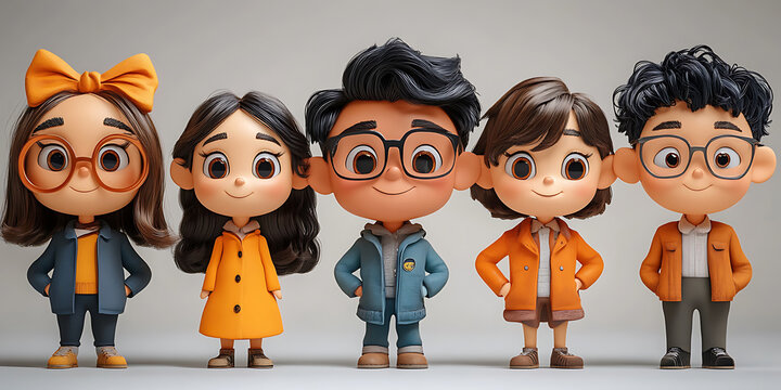 group of animated characters dressed, casual outfits, standing together.