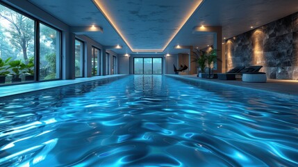 Serene indoor swimming pool with shimmering blue water surrounded by lush greenery at twilight. Generative AI