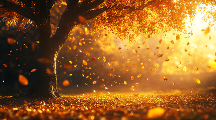 Naklejka premium Orange fall leaves in park, autumn natural background, Autumn Landscape - Trees And Orange Foliage In Park 