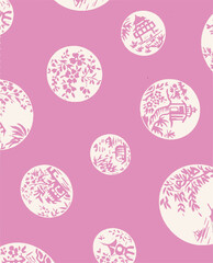 Pink textured surface with white circular patterns showcasing floral and oriental designs, ideal for decorative projects.