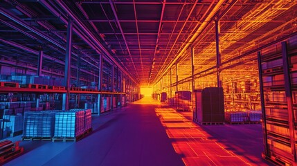 Fototapeta premium Heatmap of a large warehouse, with warm colors marking areas of high activity and cooler shades in less active sections. 4K hyperrealistic photo.