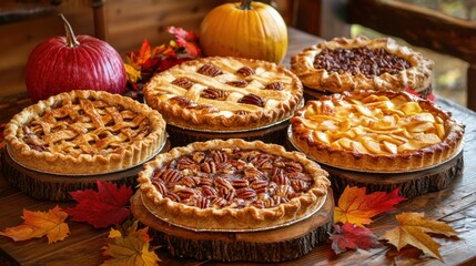 Thanksgiving pies on display with a rustic wooden table filled with pumpkin pie, pecan pie, and apple pie, beautifully arranged with autumn leaves and cozy fall decor. 50 keywords