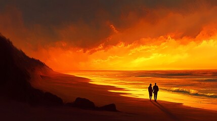 Obraz premium A couple walks hand-in-hand along the beach, enjoying the fiery orange sunset.