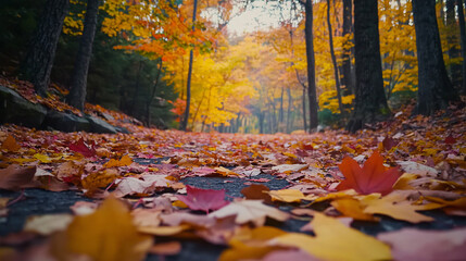 Orange fall leaves in park, autumn natural background, Autumn Landscape - Trees And Orange Foliage In Park 
