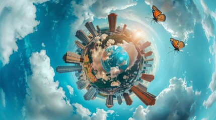 abstract swirling tiny planet spherical panorama of multi-storey buildings of skyscrapers of a residential complex in the form of a butterfly, bugs, crabs in sky with clouds