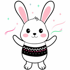 Obraz premium Cute cartoon rabbit, joyful mood, arms raised, vibrant playful background 