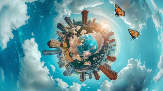 abstract swirling tiny planet spherical panorama of multi-storey buildings of skyscrapers of a residential complex in the form of a butterfly, bugs, crabs in sky with clouds