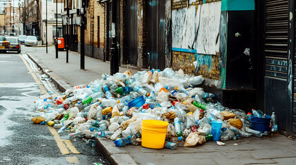 polluted urban street corner with piles of crumpled plastic bottles and other trash, emphasizing the environmental cost of poor waste
