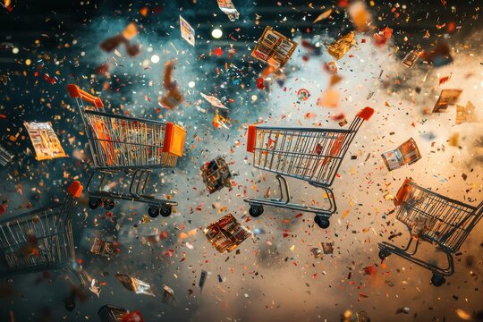 Explosion of shopping carts and packages in chaotic Black Friday shopping frenzy